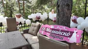 una fiesta de cumpleaños con globos y un árbol en Villa Anna Luxury Lake Residence, en Shtarkelovo Gnezdo