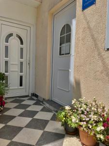 two potted plants sitting in front of a door at Apartments Rome in Baška