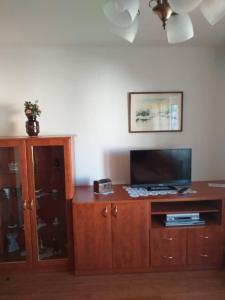 a living room with a tv and a wooden entertainment center at Kuća za odmor Mery in Crikvenica