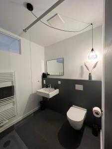 a bathroom with a white toilet and a sink at Apartmenthaus Stade Schwingewiesen Apartment 4 in Stade