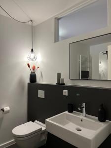 y baño con lavabo, aseo y espejo. en Apartmenthaus Stade Schwingewiesen Apartment 5, en Stade