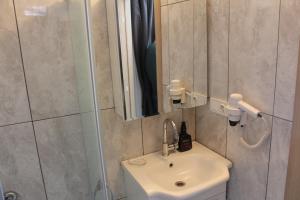 a bathroom with a sink and a mirror at Silver Continent Hostel in Silivri