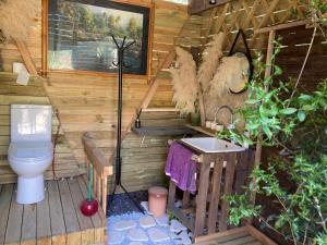 een badkamer met een toilet in een houten cabine bij chambre double avec salle de bain privée in Monacia-dʼAullène