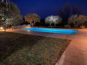 a swimming pool in a yard at night at Dathona - Charmante maison avec piscine est jardin in Aups