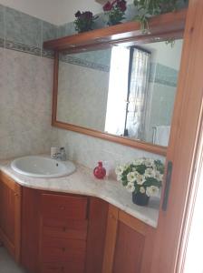 a bathroom with a sink and a mirror and flowers at Spiaggia LazzarettoHouse in Alghero