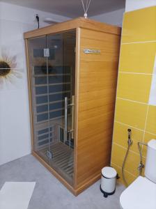 uma cabina de duche com uma porta de vidro na casa de banho em Green House 45 em Třebíč