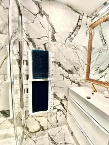 a marble bathroom with a shower and a sink at CARCASSONNE HISTORIC DUPLEX 4 star air conditioned APARTEMENT d`ÉGLANTINE in Carcassonne