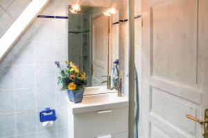 La salle de bains est pourvue d'un lavabo et d'un miroir. dans l'établissement Ferienwohnung AMSELNEST, à Kühlungsborn