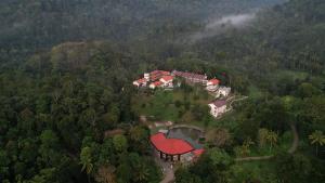 una vista aerea di una casa nel mezzo di una foresta di Broad Bean Resort & Spa a Munnar
