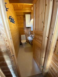 a small bathroom with a toilet and a sink at Santtioranta Camping in Uusikaupunki