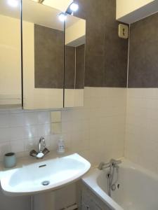 een badkamer met een wastafel, een spiegel en een bad bij Appartement au cœur du village avec parking privé in Mijoux