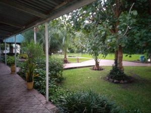 a patio with trees and plants in a park at Fawlty Towers Accommodation & Activities in Livingstone