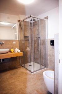 La salle de bains est pourvue d'une douche et d'un lavabo. dans l'établissement Franz Haus Apartments, à Merano