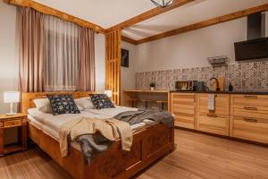 1 Schlafzimmer mit einem Bett und einer Küche in der Unterkunft Olczańska Kotlina Apart&Room in Zakopane