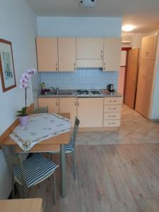 a kitchen with a table and a table and chairs at Apartmani Lorena in Pula