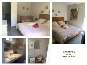 kolaż zdjęć sypialni z dwoma łóżkami i umywalką w obiekcie Villa Familiale piscine, spa, entre Cannes et Nice w mieście Châteauneuf