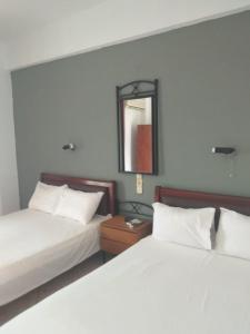 1 dormitorio con 2 camas, espejo y espejo en KARAOYLI apartments studios, en Kokkino Nero