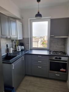 cocina con armarios grises, ventana y fregadero en Apartament 2 camere Eliberarii, en Constanţa