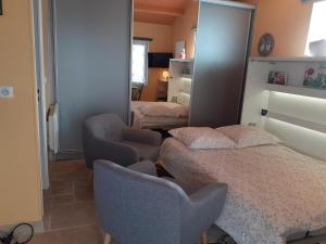a bedroom with a bed and two chairs and a mirror at Studio à la campagne avec piscine partagée et jardin - FR-1-489-230 in Vendat +16 photos