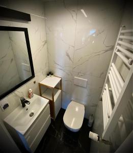a bathroom with a white sink and a toilet at Apartament w obiekcie Platinum Rewal in Rewal