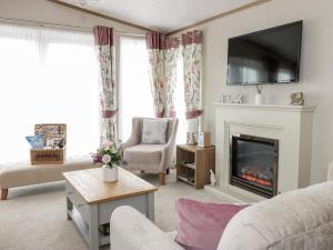 a living room with a fireplace and a tv at Serena Lodge in Jedburgh