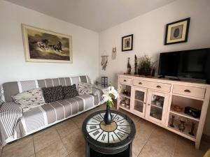 a living room with a couch and a tv at Appartement Cambo-les-Bains, 2 pièces, 2 personnes - FR-1-495-59 in Cambo-les-Bains