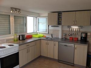 a kitchen with wooden cabinets and a counter top at Villa Milovic, appartements les pieds dans l'eau! in Radovici