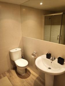 ein Bad mit einem WC und einem Waschbecken in der Unterkunft The BEST Views in Alcúdia - 7th floor studio in Alcúdia