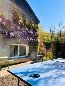 einen Tisch vor einem Haus mit Blumen in der Unterkunft Maison de 2 chambres avec jardin clos et wifi a La Croix sur Ourcq in La Croix-sur-Ourcq