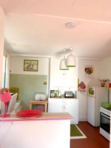 eine Küche mit einer Theke mit einer roten Platte darauf in der Unterkunft Maison de 2 chambres avec jardin clos et wifi a La Croix sur Ourcq in La Croix-sur-Ourcq