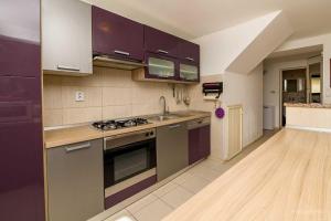 a kitchen with purple cabinets and a stove top oven at Apartment Alen in Veli Lošinj