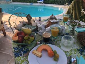 a table with a plate of food next to a pool at Blue Dream Cannes Guest House in Cannes