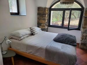 een slaapkamer met een bed in een kamer met een raam bij Casa canadesi in Costarainera