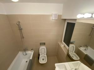 une salle de bain avec un lavabo, des toilettes et une baignoire dans l'établissement Green apartments 109-7 with roof top view, à Bucarest 43 autres photos