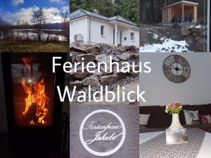 a collage of photos with a fireplace and a house at Ferienhaus Waldblick in Hohenfels-Essingen