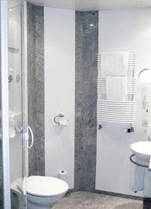 a bathroom with a toilet and a shower and a sink at Hotel Brößler in Stockstadt am Main