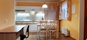 a kitchen with a table and chairs in it at Chaty u rybníka Brodský in Červený Kostelec