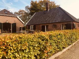 a brick house with a hedge in front of it at Erve de Kippe. Vrij maar toch dichtbij. in Epse