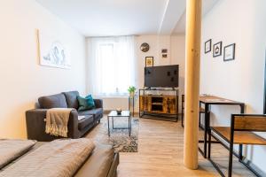 a living room with a couch and a tv at TAGBLATT Apartment 11 in Tuttlingen