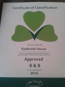 Certifikát, hodnocení, plakát nebo jiný dokument vystavený v ubytování Ryebrook House