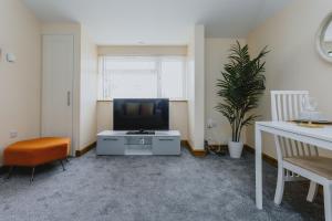 uma sala de estar com uma televisão e uma mesa com uma planta em Cosy 2nd Floor Apartment - King Size Bed & Free Parking em Nottingham