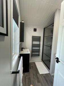 a bathroom with a sink and a shower at Cherry tree Lodge in Dunoon