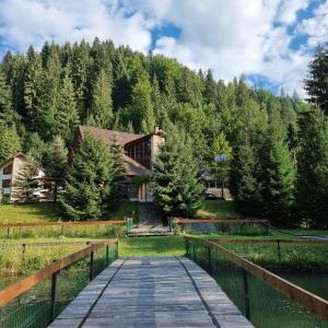 eine Holzbrücke über einen See mit einem Haus in der Unterkunft Popasul Vanatorului in Poiana Sabasa