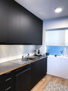 eine Küche mit schwarzen Schränken und einem Waschbecken in der Unterkunft Lovely 2-bed apartment with everything you need. in Reykjavík
