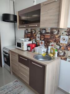 uma cozinha com um lavatório e um micro-ondas em Lovely 1 bedroom apartment in city centre, sleeps 4 ! em Turda