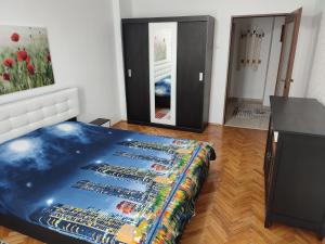 um quarto com uma cama com um tapete colorido no chão em Lovely 1 bedroom apartment in city centre, sleeps 4 ! em Turda