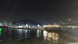 a city lit up at night with a body of water at Renas home in Anavyssos +17 photos