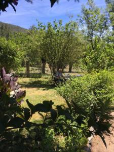 Ein Mann, der auf einer Bank im Garten sitzt. in der Unterkunft Casa de los Belgas in Frama
