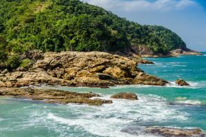 Trindade Hospeda -Casa 1- Você a Varanda e o Mar في ترينيداد: شاطئ فيه صخور في الماء والاشجار
