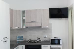 una cucina con lavello e microonde di Akoya Apartments a San Vito lo Capo